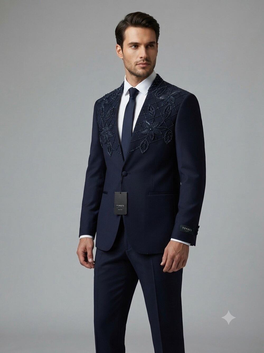 TORRES Mens Navy Suit US 44 EU 54 Beaded Sequin Embellished Jacket Pants Set T1